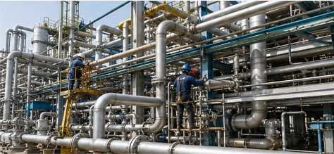 Almadina Electrical Contractors engineers installing process piping on site